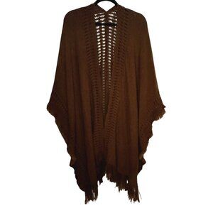 Boho Open-Front Fringe Knit Poncho Brown Acrylic One Size Statement Layers